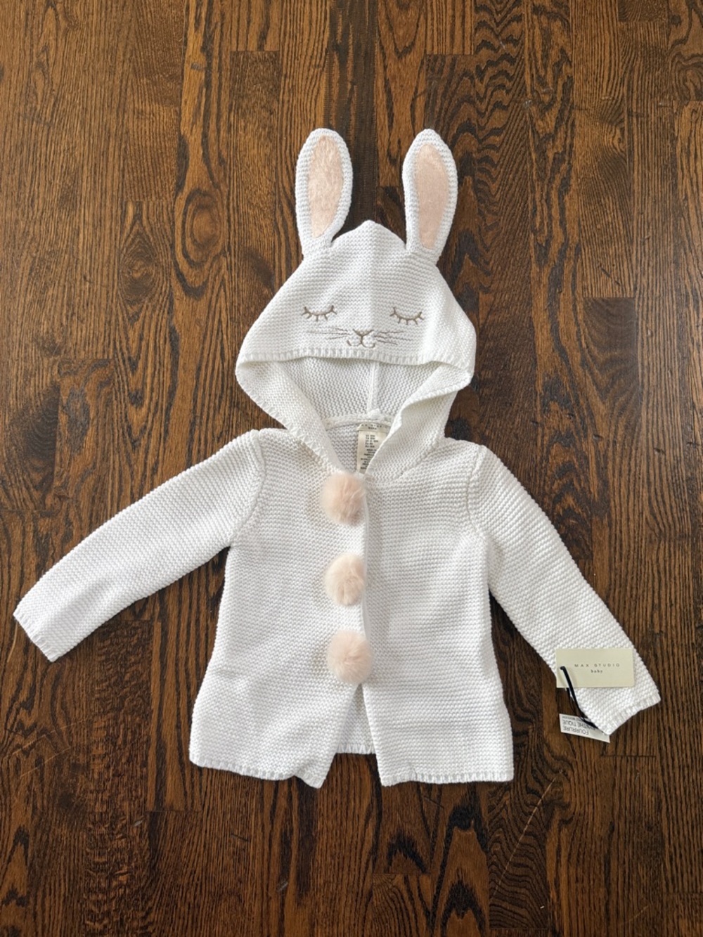 Max Studio Baby Hooded Bunny Cardigan in White with Pale Pink Accents
